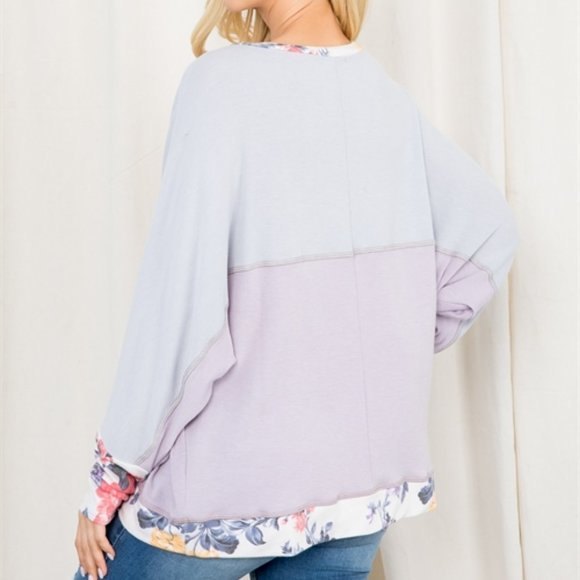 HOPELY Batwing Sleeve Crew Neck Floral Edge Hem Autumn Jersey Small Lavender Top - Picture 2 of 7